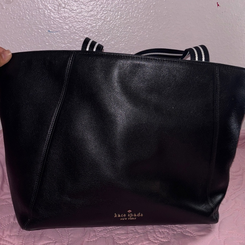 kate spade Black Leather Tote with Striped Handles